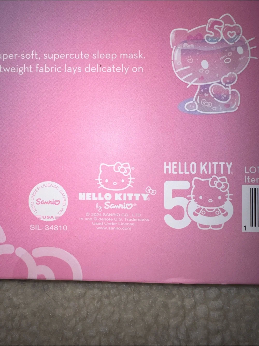 Sanrio Hello Kitty Plush Lavender/Pink Eye Mask Limited Edition 50 Anniversary